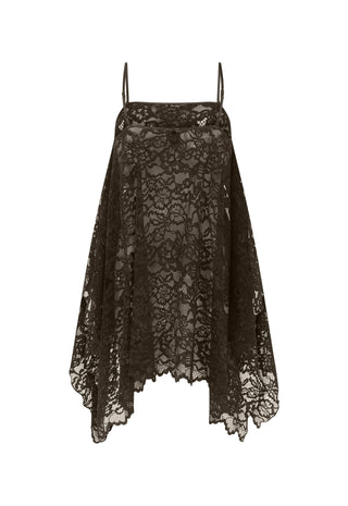 A black lace camisole top with thin spaghetti straps and an asymmetrical draped hem, shown against a plain white background.